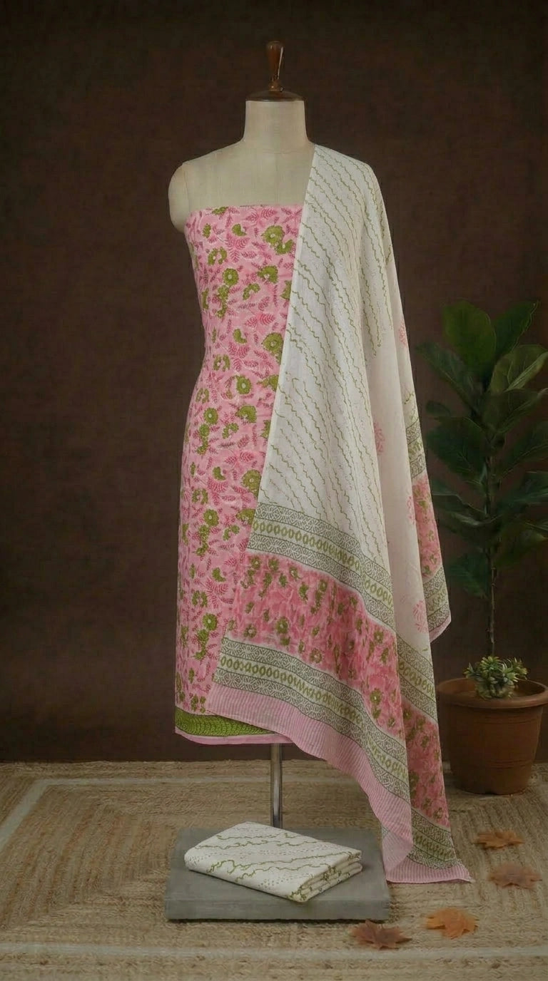 Pink with Green floral printed cotton dress material