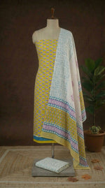 Olive Green with Blue floral printed cotton dress material