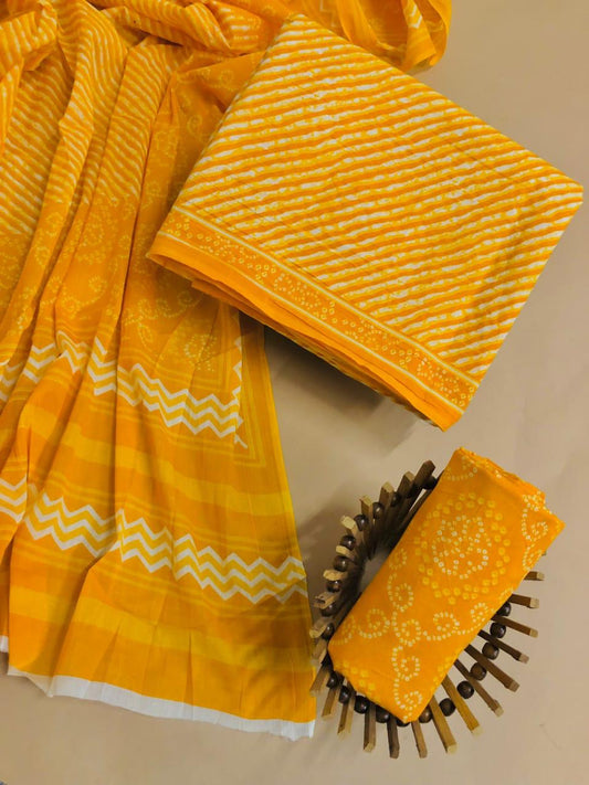 Mango Yellow with white lehariya cotton top