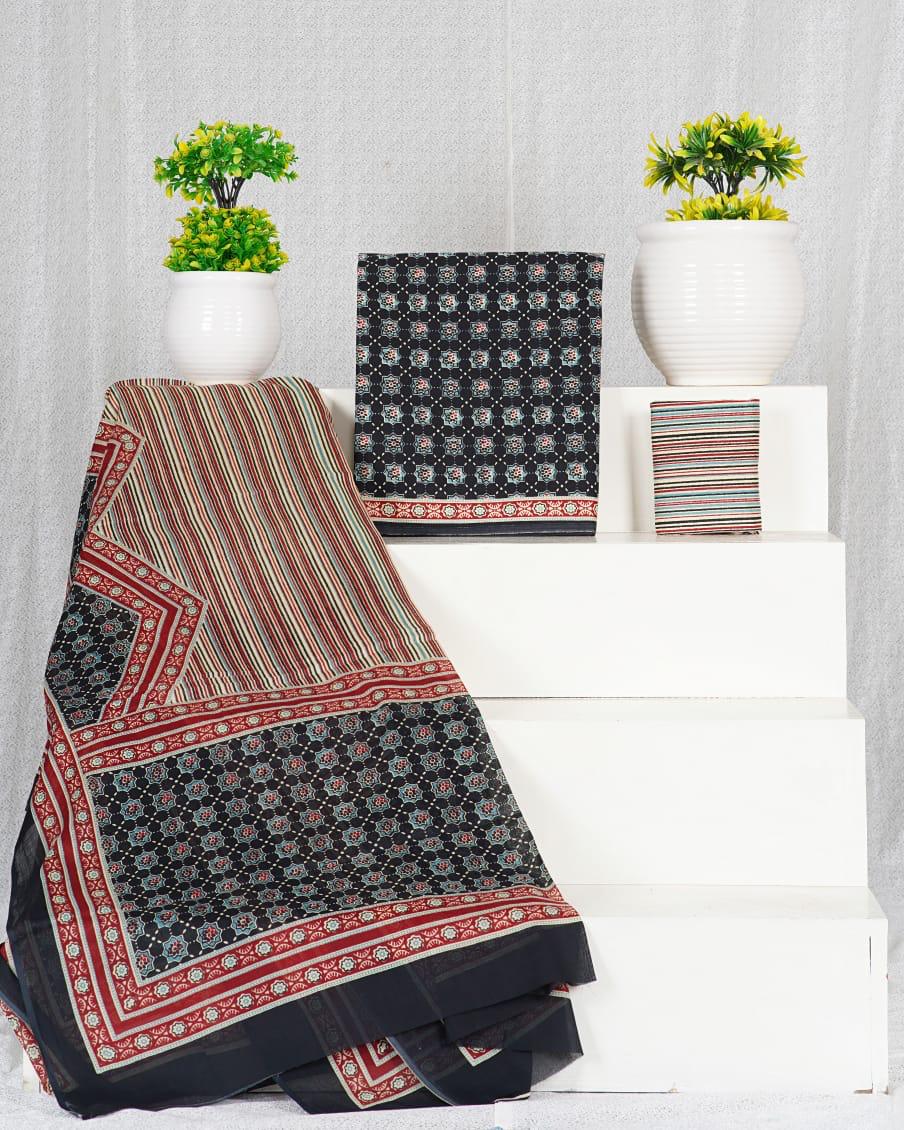 Black with Grey, Red flower printed cotton dress material