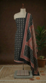 Black with Grey, Red flower printed cotton dress material