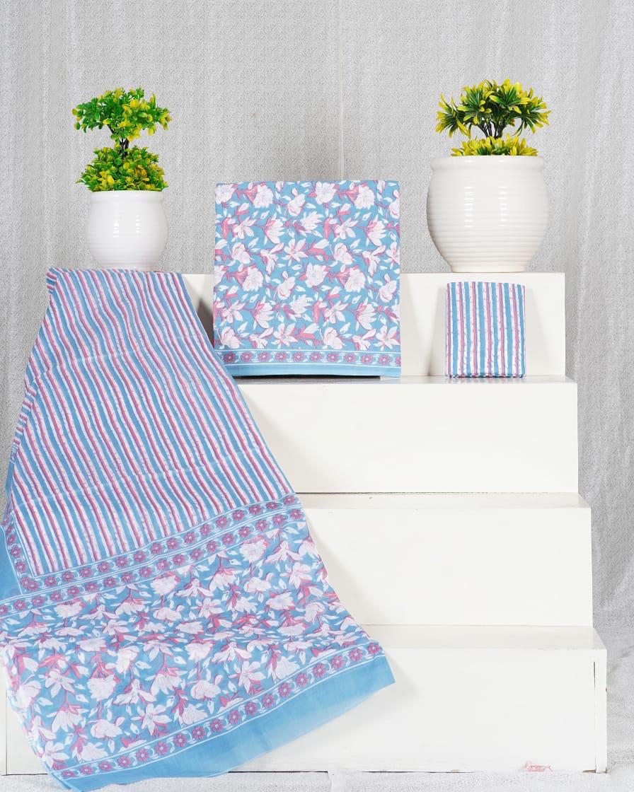 Baby Blue with White, reddish pink  flower printed cotton dress material online 