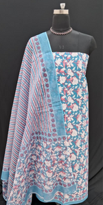 Baby Blue with White, reddish pink flower printed cotton dress material