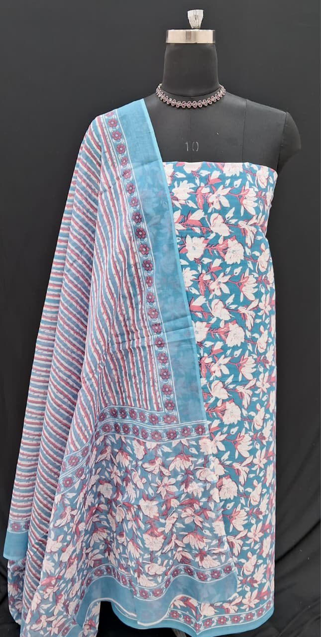 Baby Blue with White, reddish pink flower printed cotton dress material