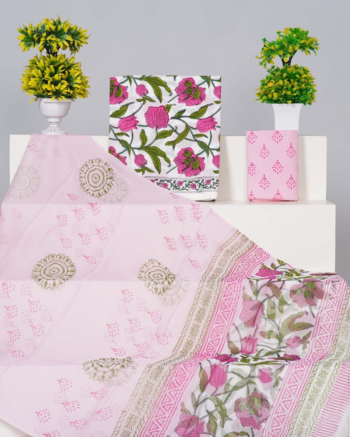 White with Pink, Green flower printed cotton dress material
