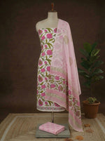 White with Pink, Green flower printed cotton dress material