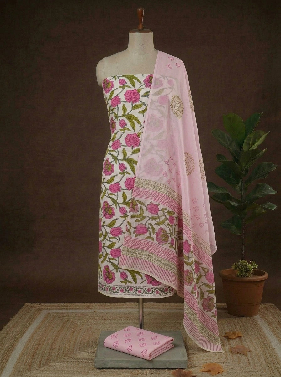 White with Pink, Green flower printed cotton dress material