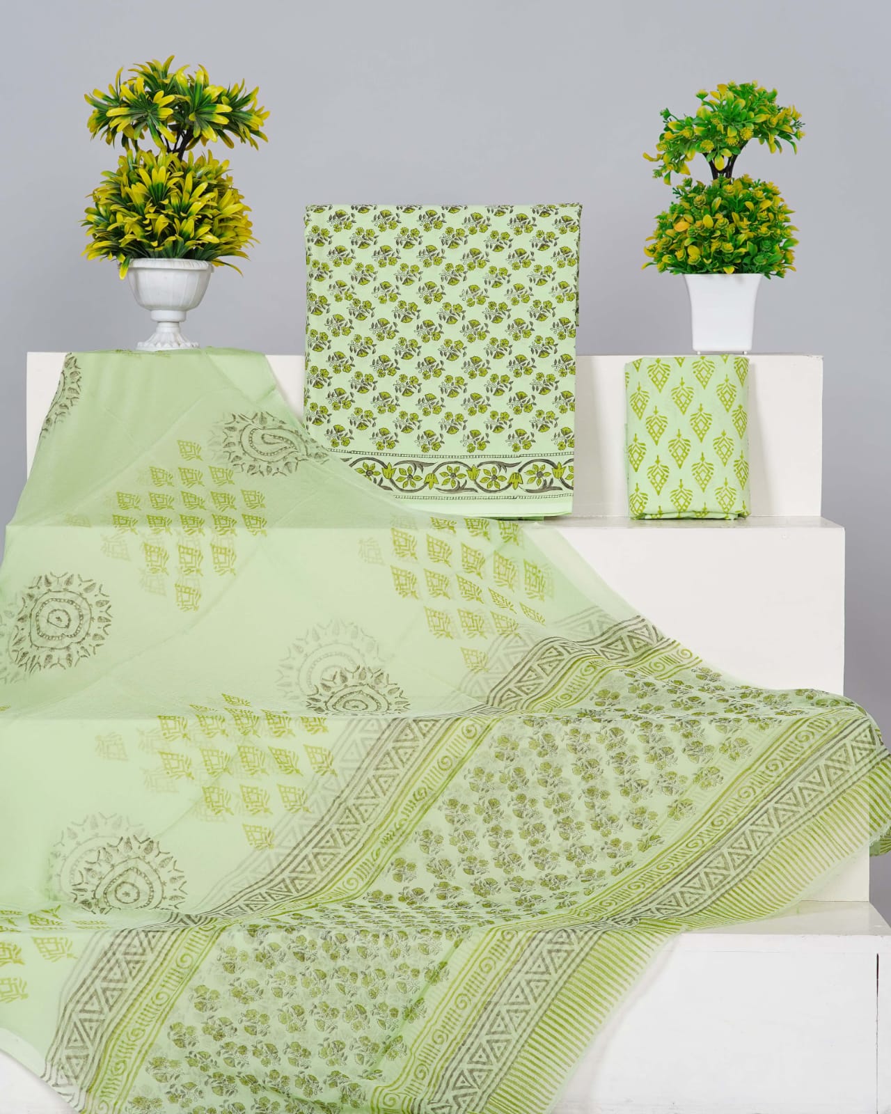 Pista green with Green flower printed cotton dress material