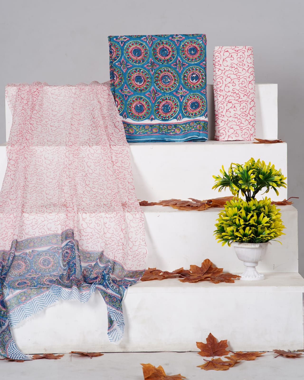 Teal Blue with Green, Red ajrakh printed cotton dress material