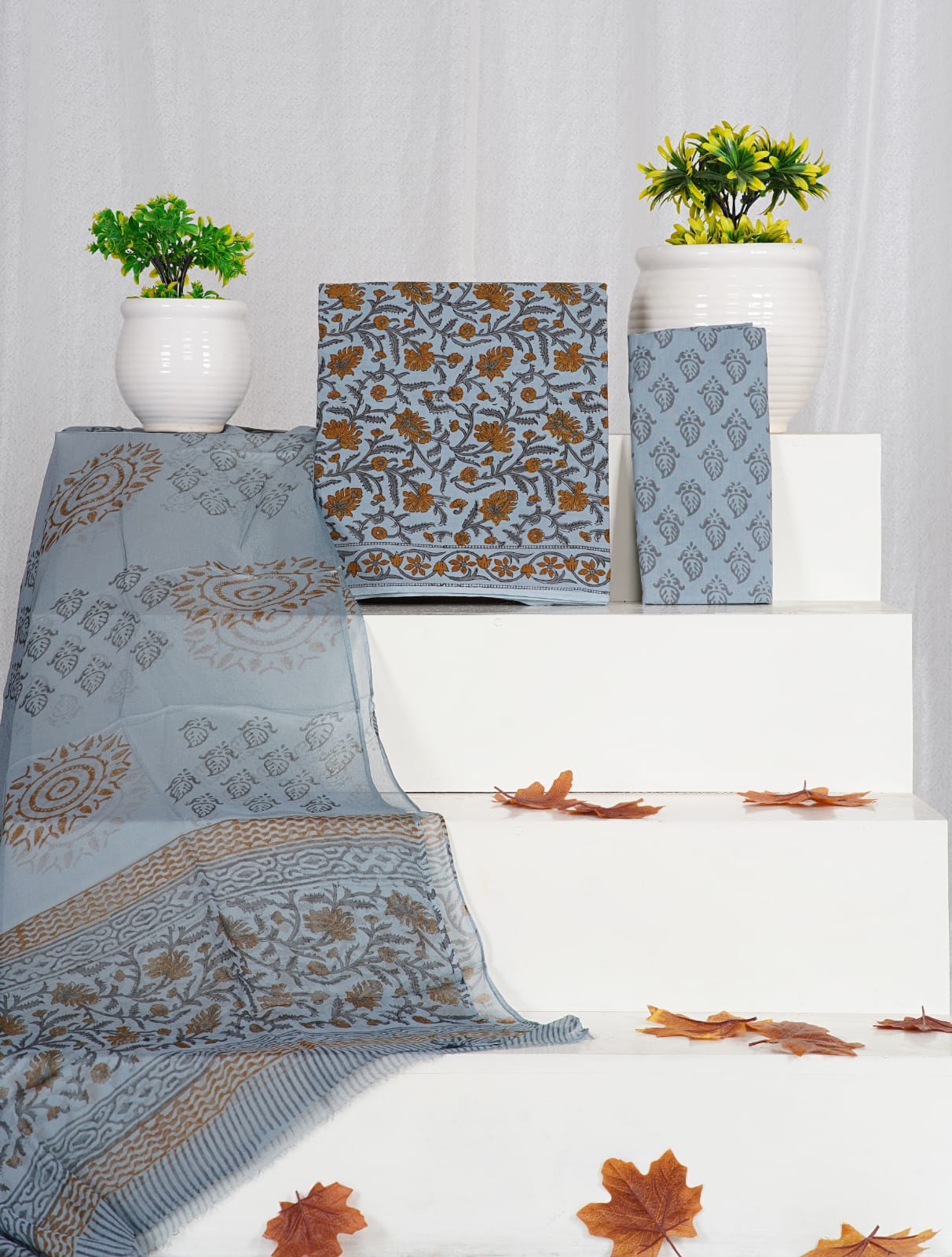 Grey with light orange flower printed cotton dress material