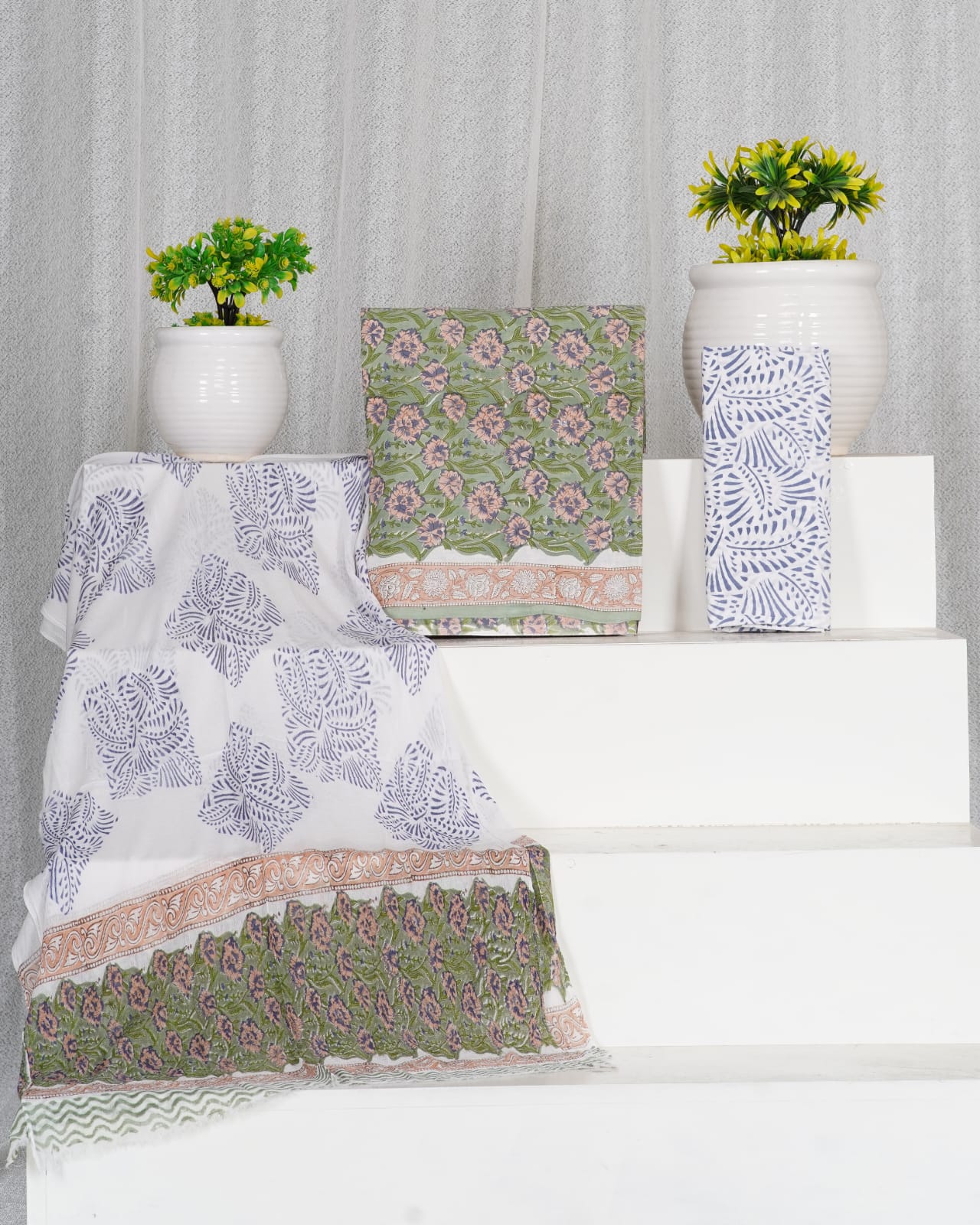 Pista Green with leaf green, beige flower printed cotton dress material