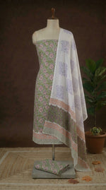 Pista Green with leaf green, beige flower printed cotton dress material