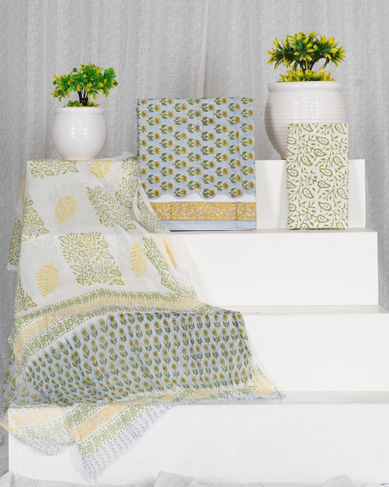 Soft Mint Blue with Green, Yellow flower printed cotton dress material