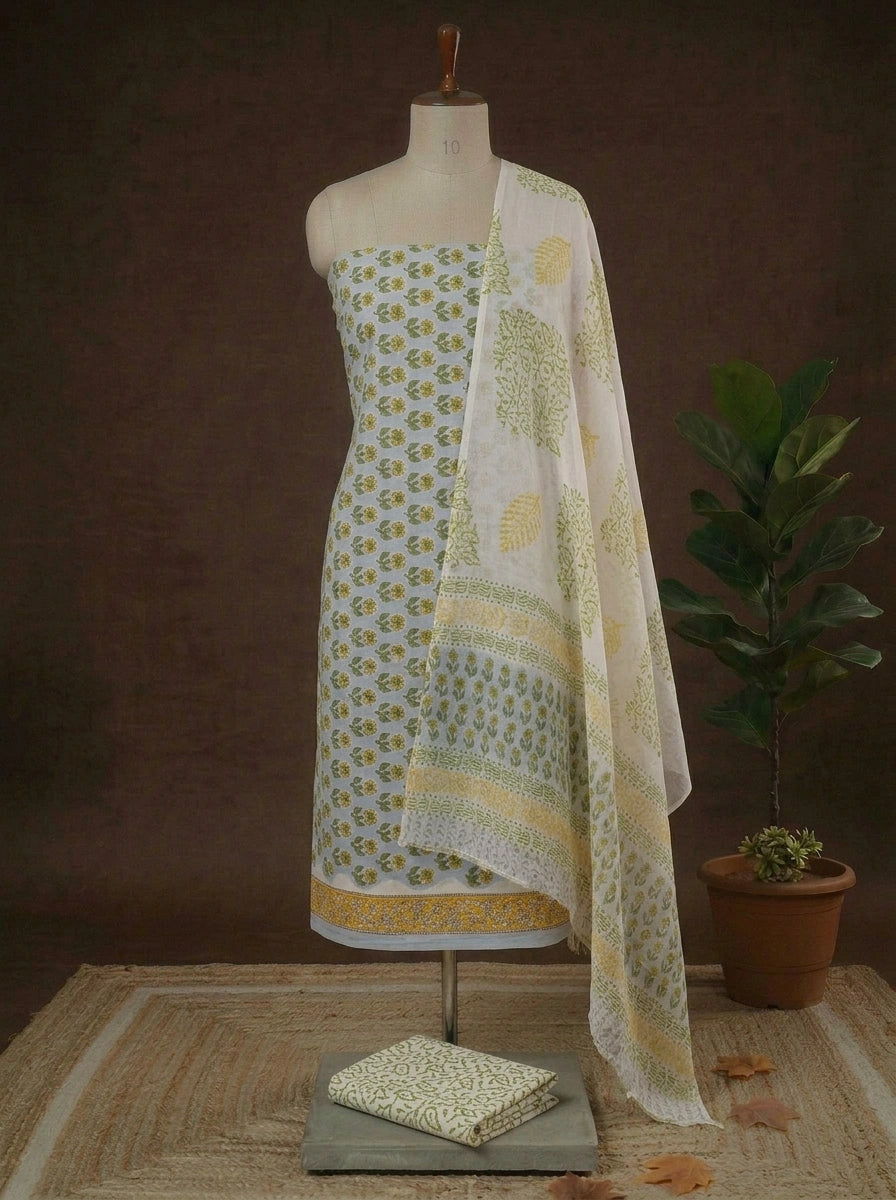 Soft Mint Blue with Green, Yellow flower printed cotton dress material