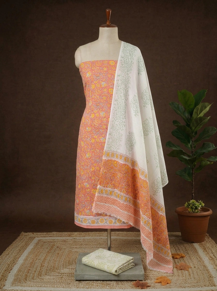 Peach with Yellow, Light blue flower printed cotton dress material