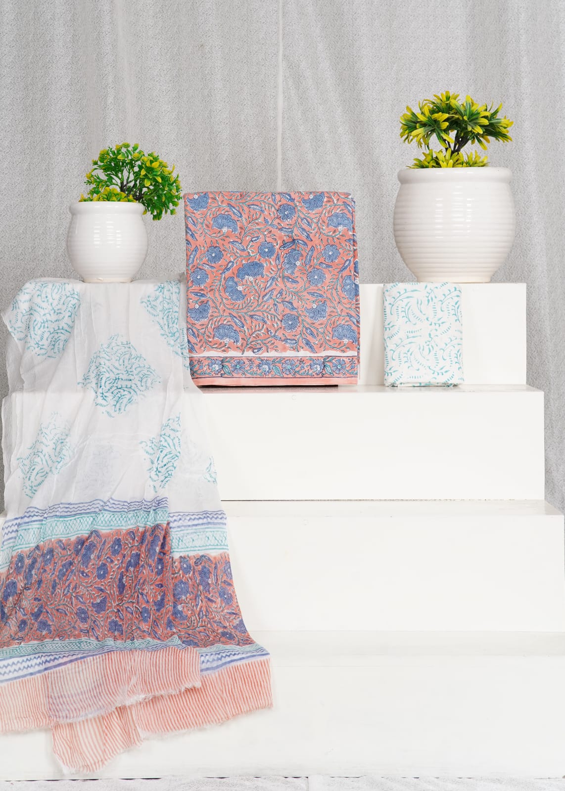 Dark Peach with Blue flower printed cotton dress material
