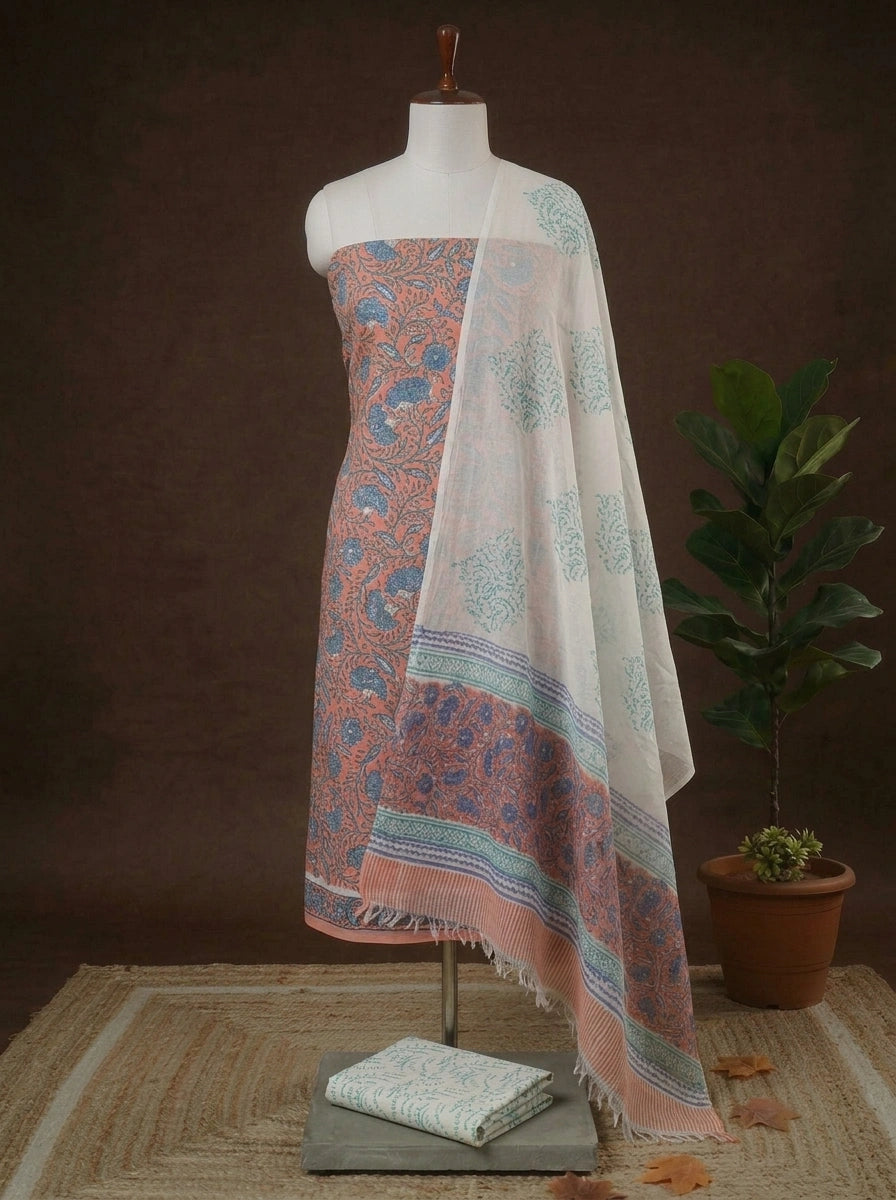 Dark Peach with Blue flower printed cotton dress material