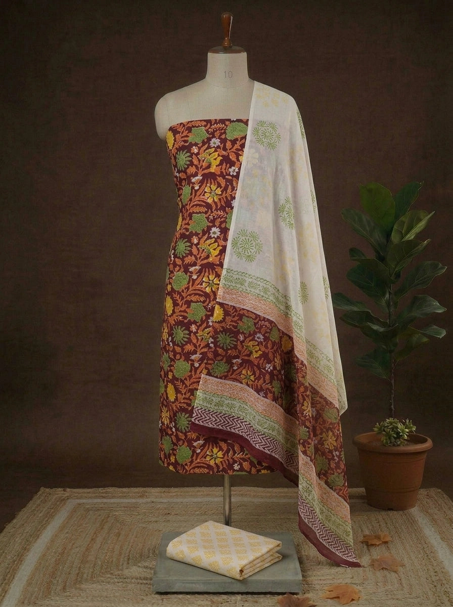Walnut Brown with Orange,green flower printed cotton top