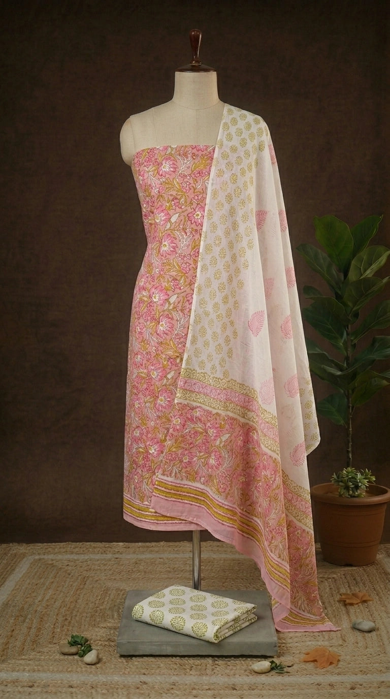 Peach with Pink and olive green flower printed cotton dress material