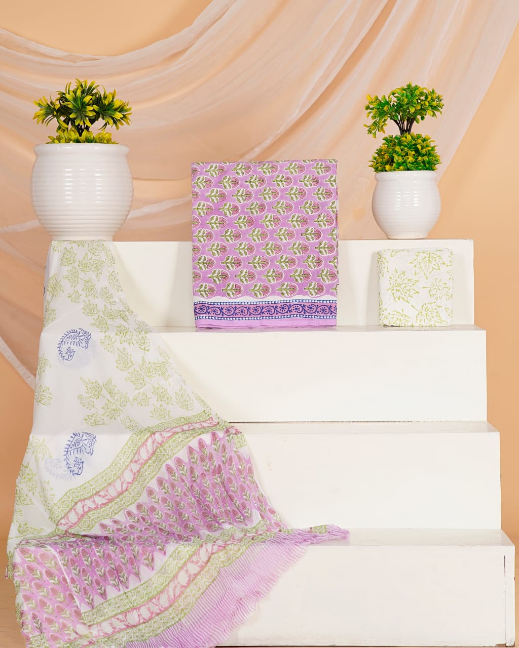 Light Pink with Peach and green flower printed cotton dress material