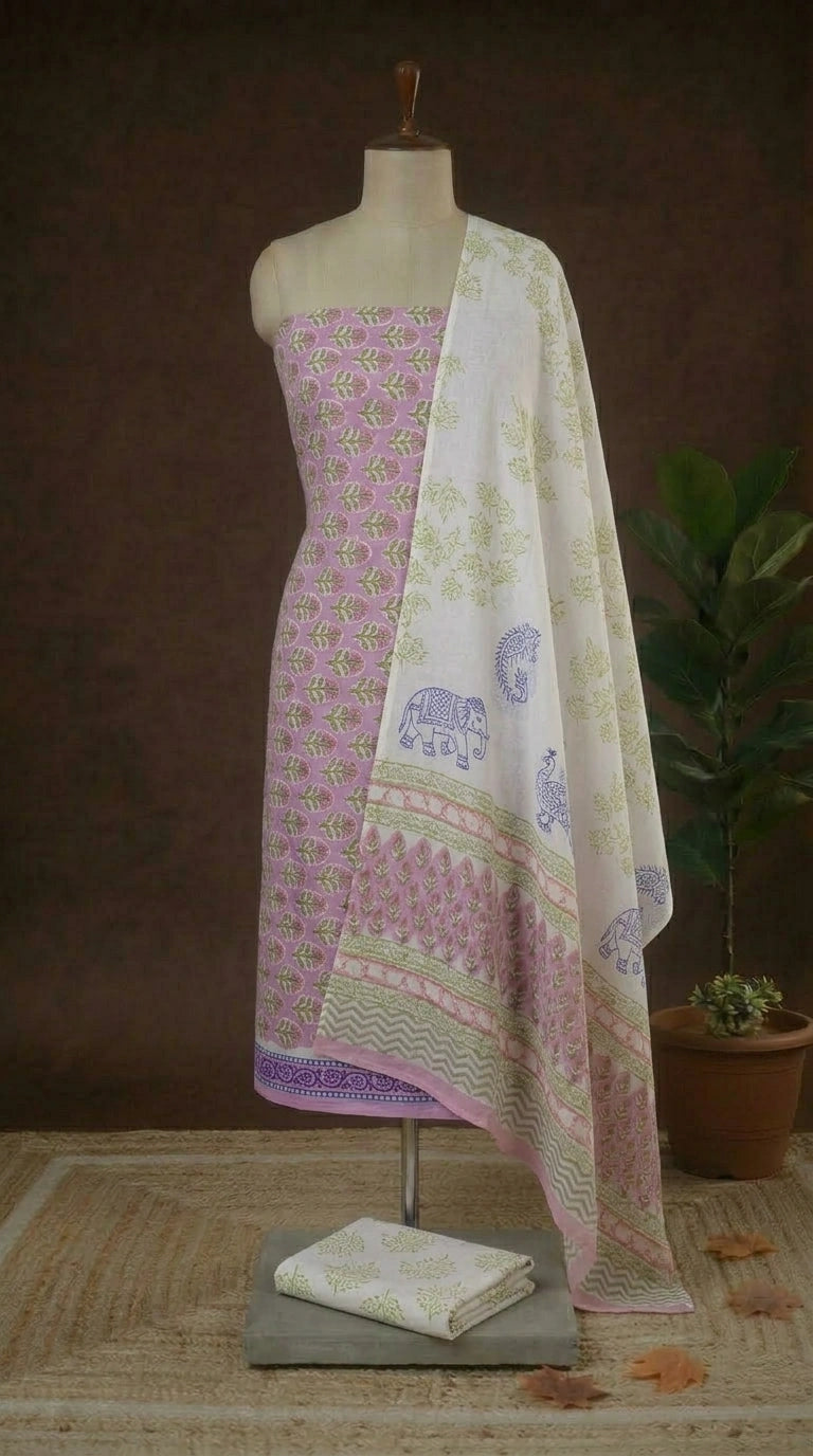 Light Pink with Peach and green flower printed cotton dress material
