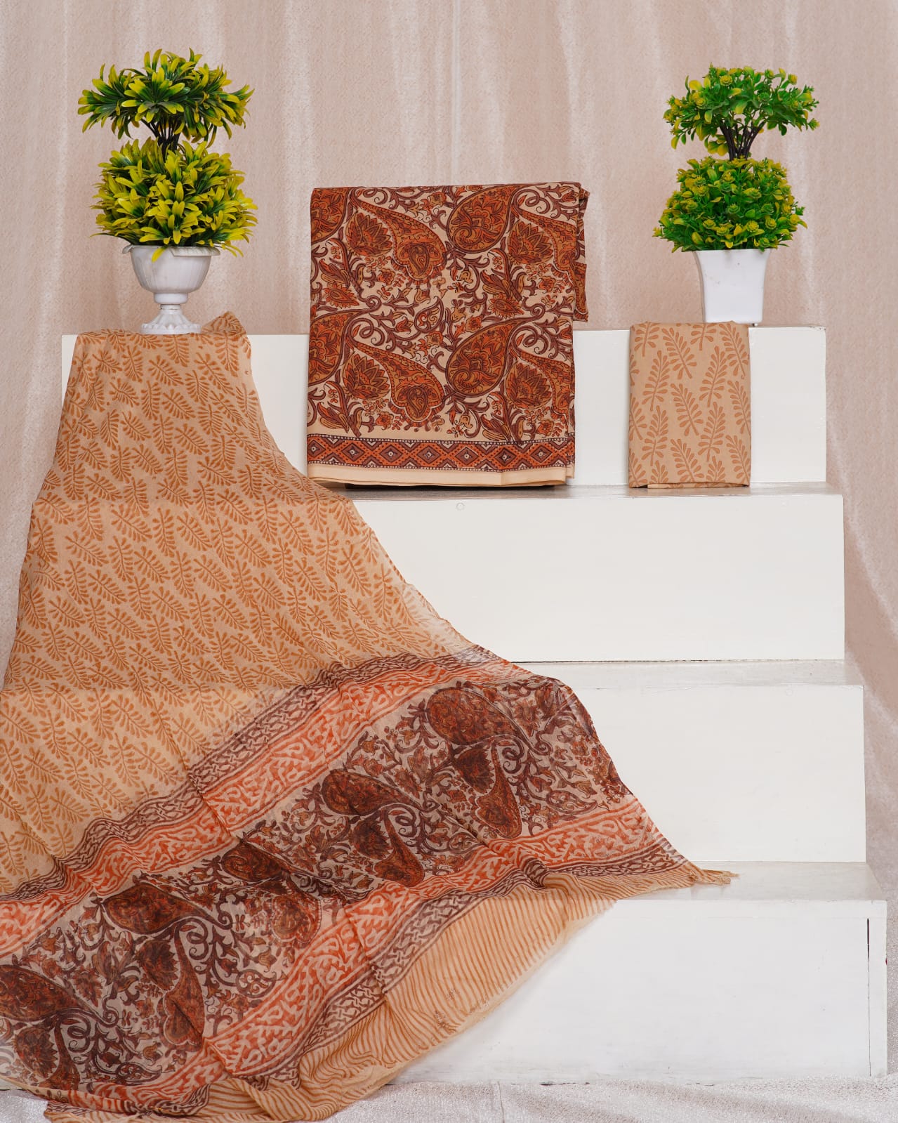 Beige with Brown paisley printed cotton top 