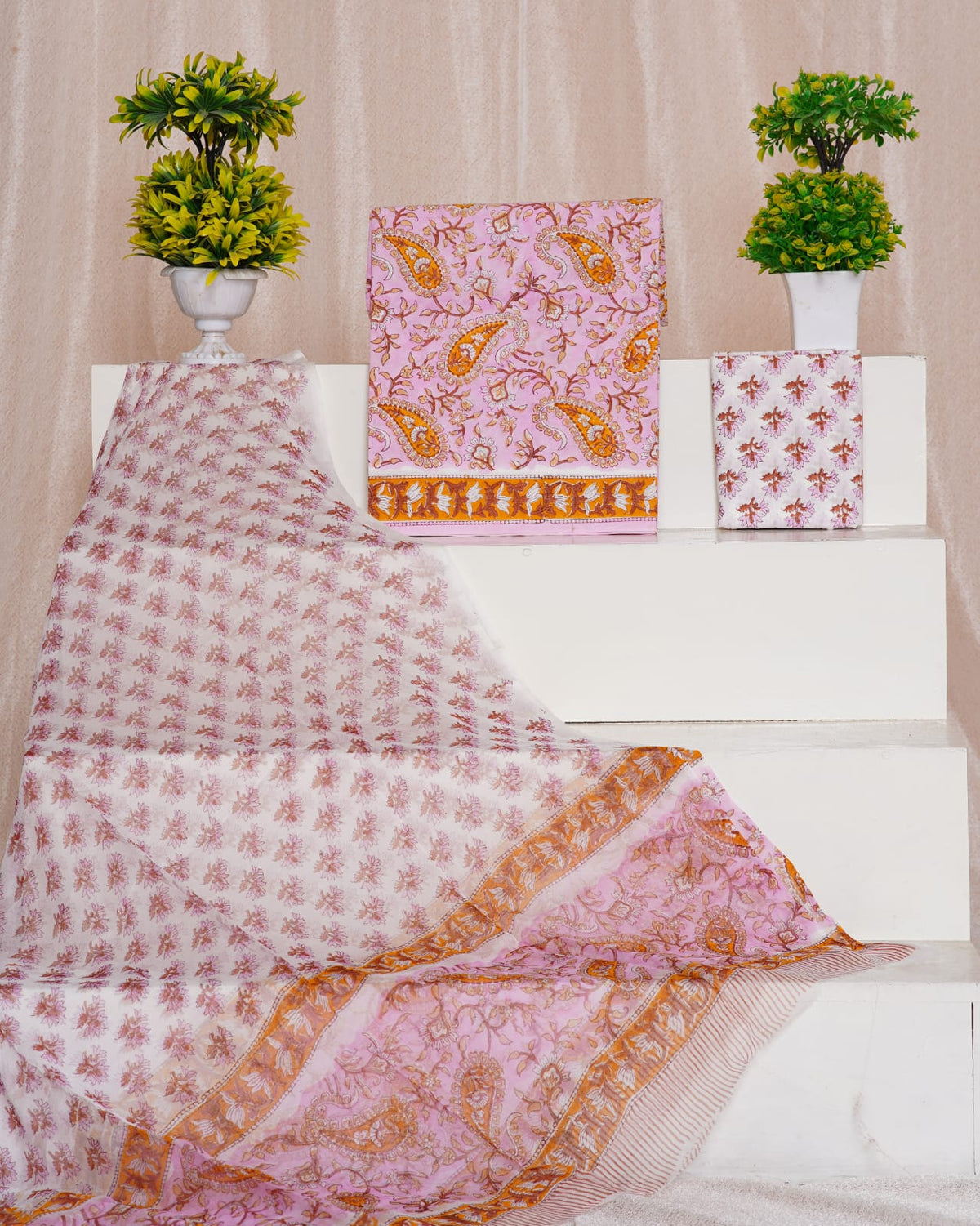 Baby Pink with Orange and cream paisley printed cotton dress material