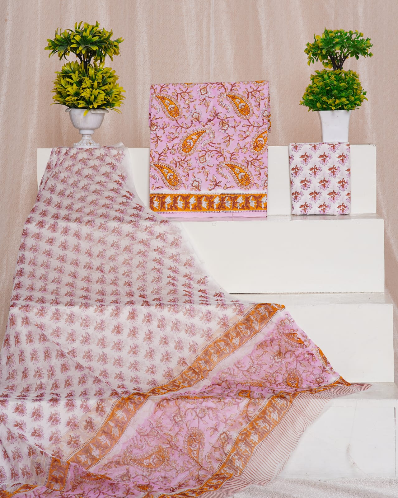 Baby Pink with Orange and cream paisley printed cotton dress material