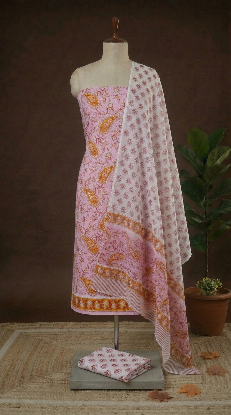 Baby Pink with Orange and cream paisley printed cotton dress material