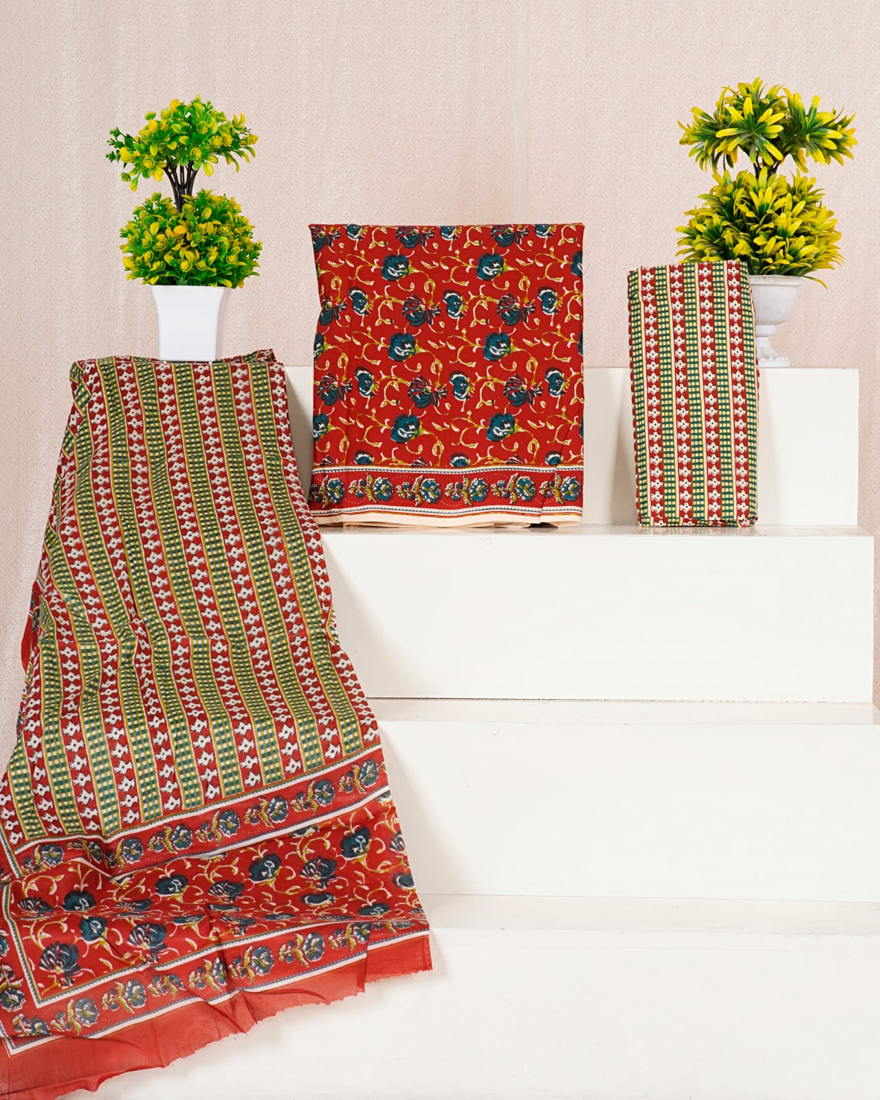 Tomato Red with Peacock Blue, Olive green floral printed cotton dress material