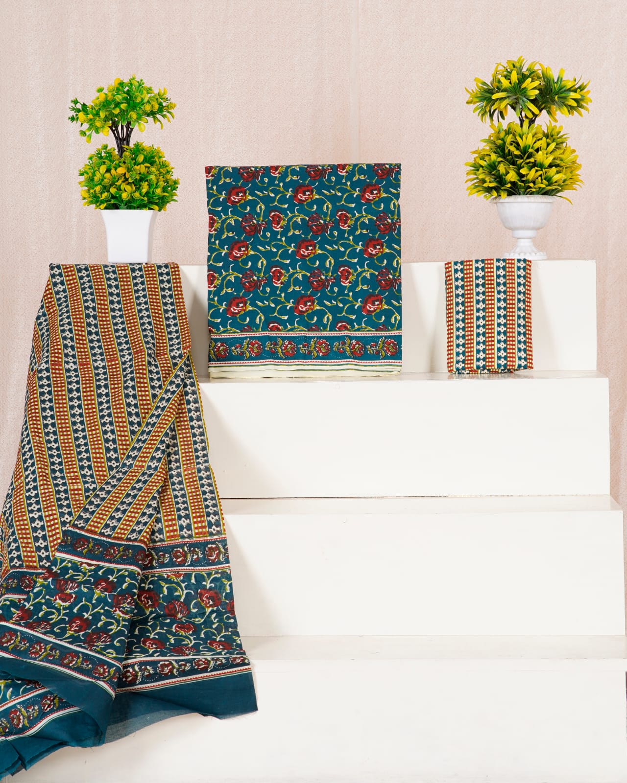 Teal Blue with Tomato Red,Olive green flower printed cotton drees material