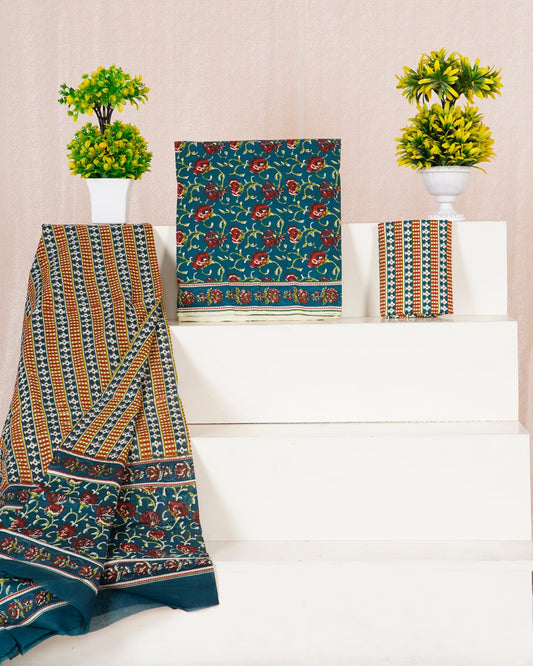 Teal Blue with Tomato Red,Olive green flower printed cotton drees material