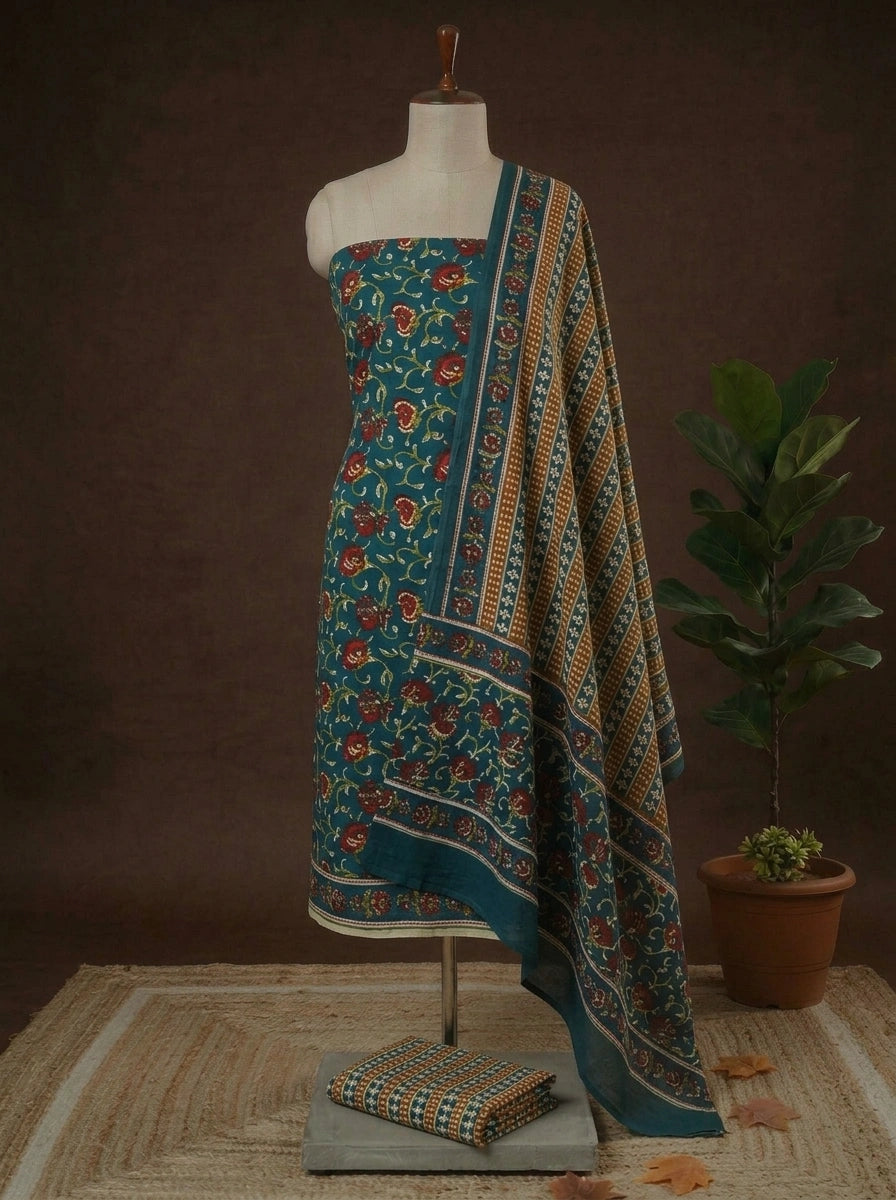 Teal Blue with Tomato Red,Olive green flower printed cotton drees material