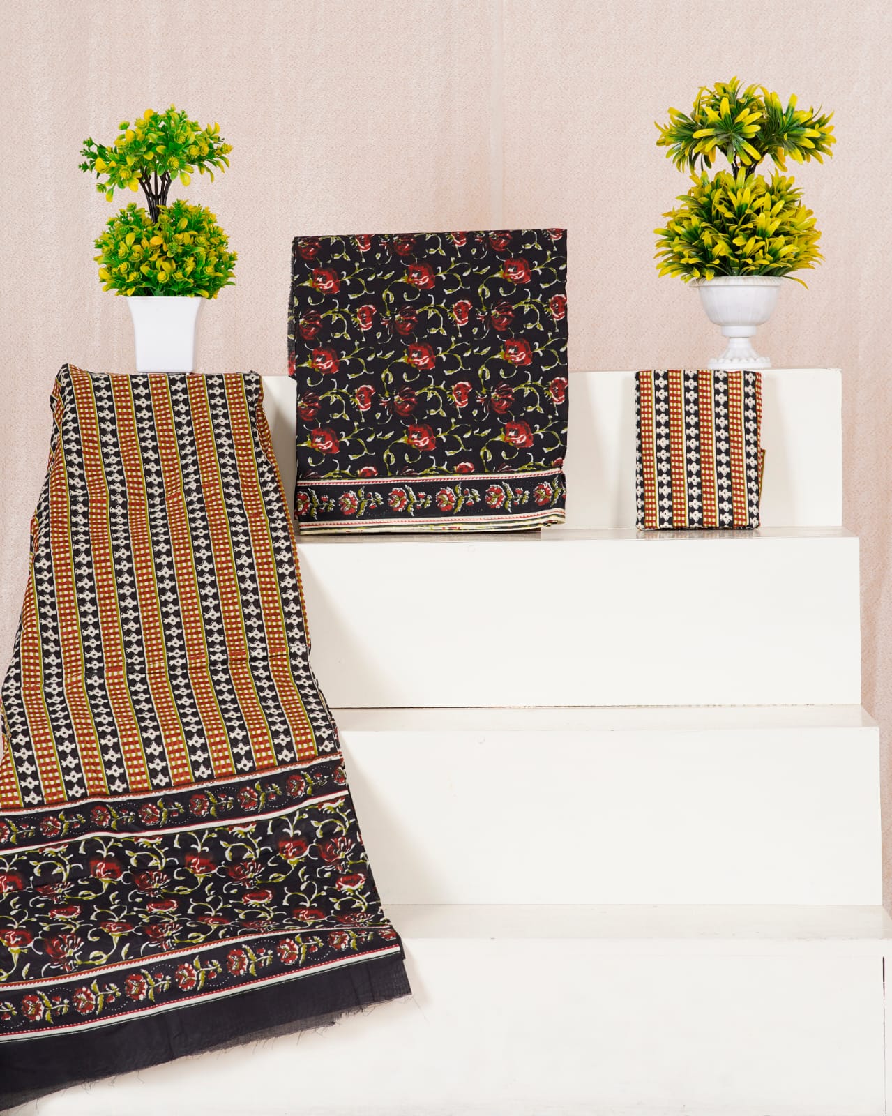 Black with Tomato Red, Olive green flower printed cotton dress material