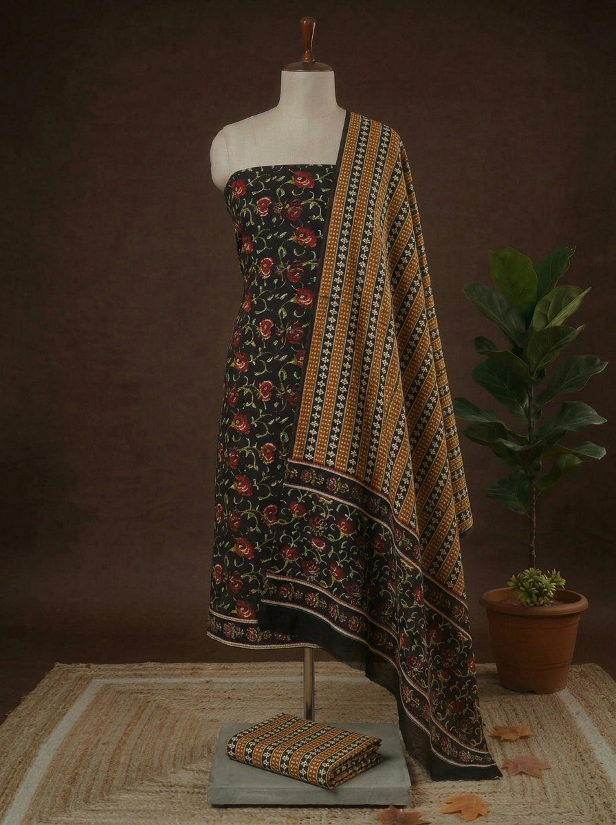 Black with Tomato Red, Olive green flower printed cotton dress material