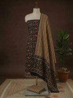 Black with Tomato Red, Olive green flower printed cotton dress material