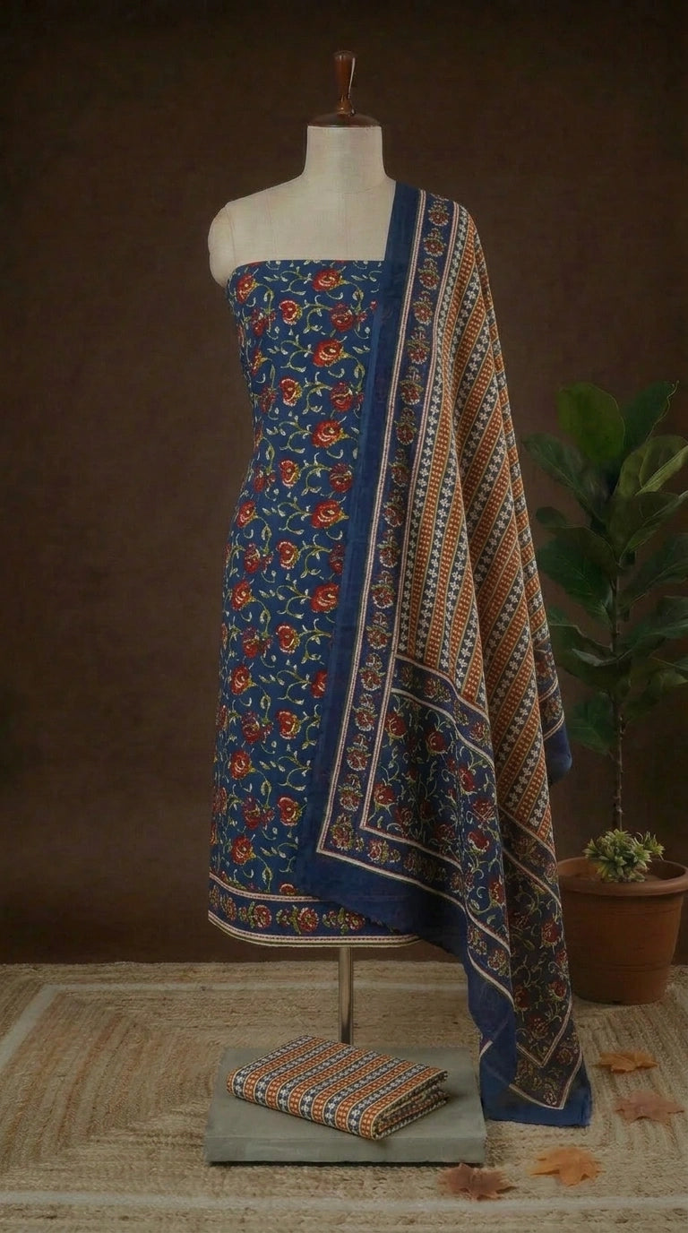 Indigo Blue with Red,Olive Green flower printed cotton dress material