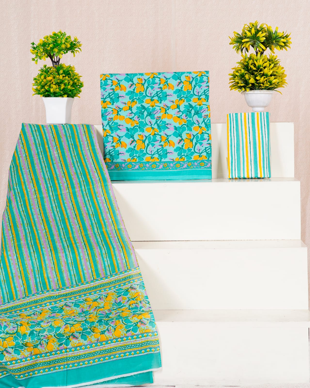Sky blue with rama green ,yellow floral printed cotton dress material