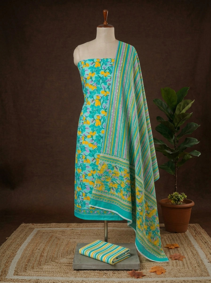 Sky blue with rama green ,yellow floral printed cotton dress material