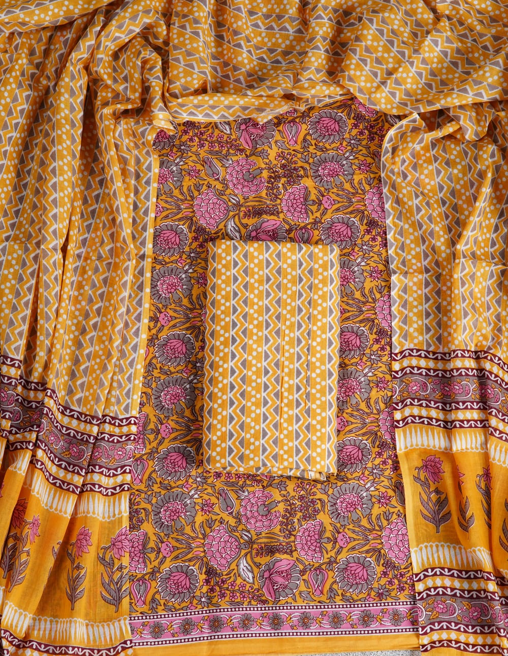 Mango Yellow with Pink,Grey flower printed cotton dress material