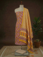 Mango Yellow with Pink,Grey flower printed cotton dress material