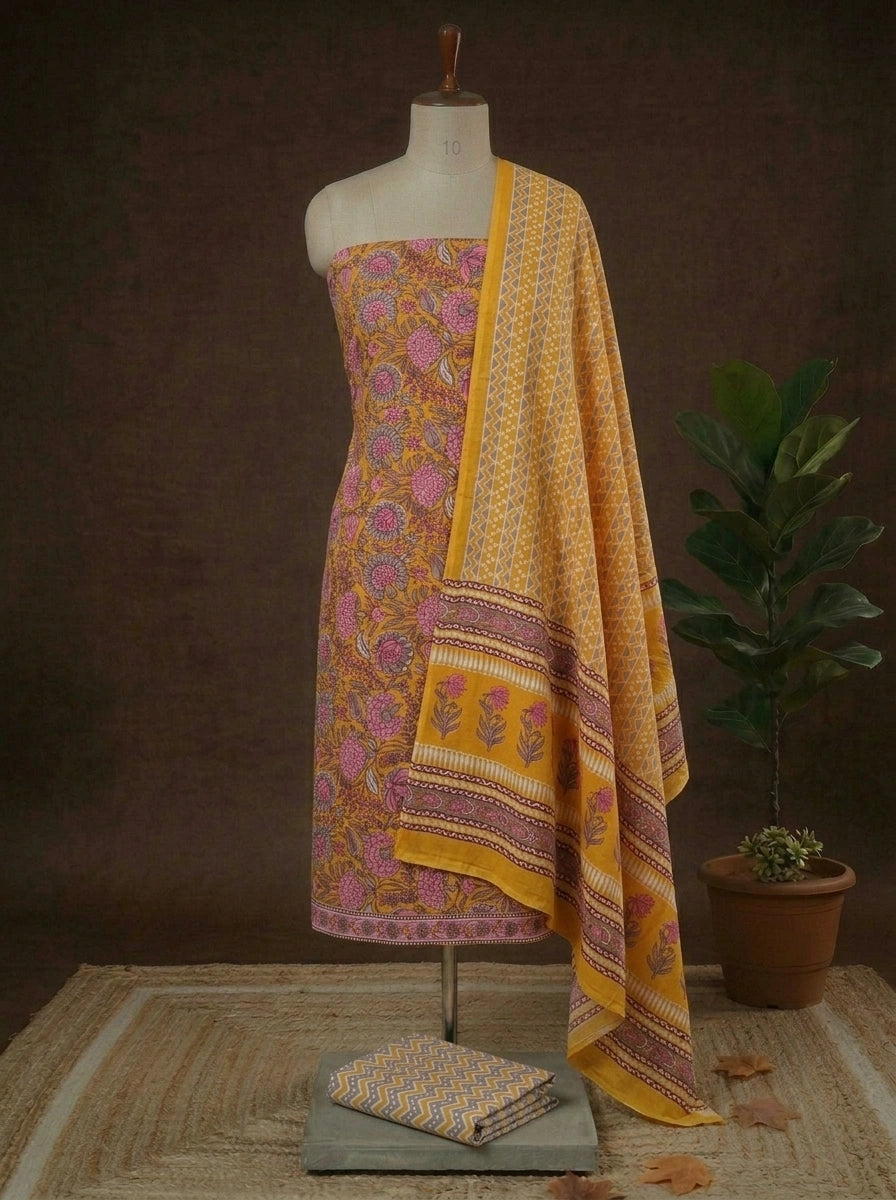 Mango Yellow with Pink,Grey flower printed cotton dress material
