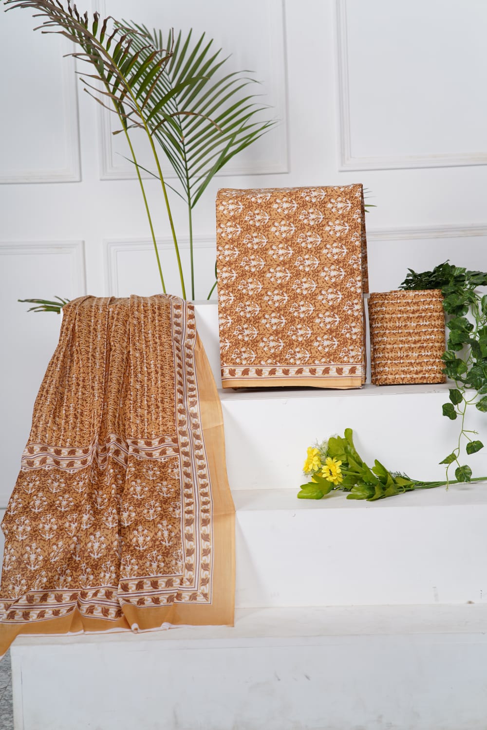 Light Brown with White flower printed cotton dress material