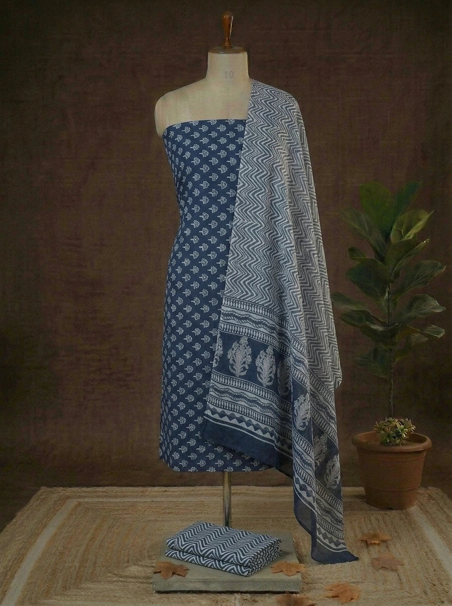 Metal Grey with Grey,White flower motifs on the cotton dress material