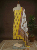 Yellow with Wine flower motifs on the cotton dress matrial