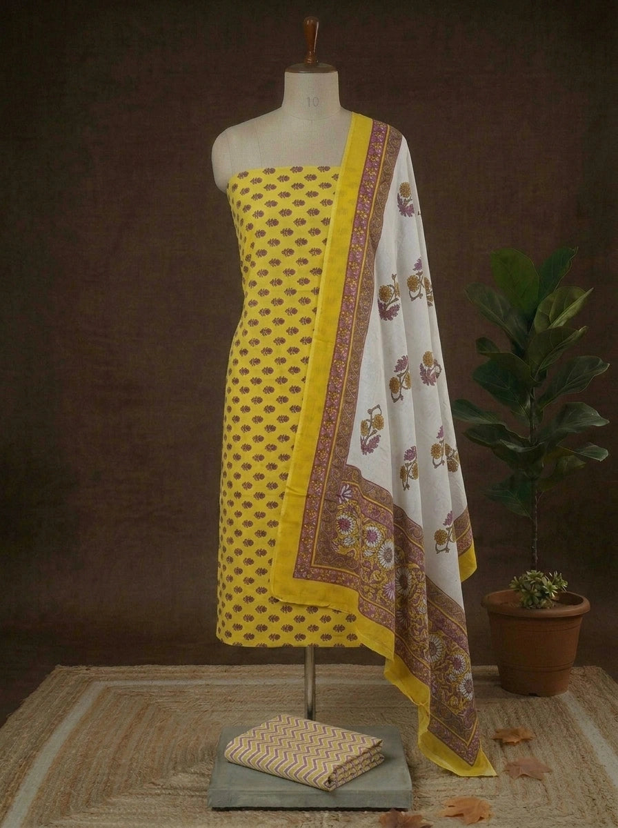 Yellow with Wine flower motifs on the cotton dress matrial