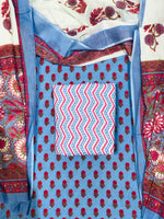 Cornflower Blue Green flower motifs on the cotton dress material