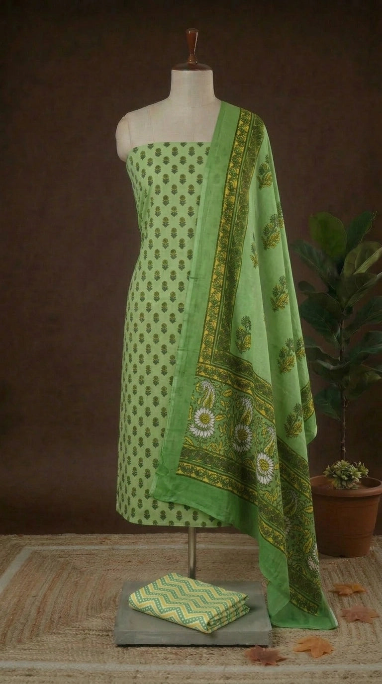 Pista Green with Olive Green cotton dress material