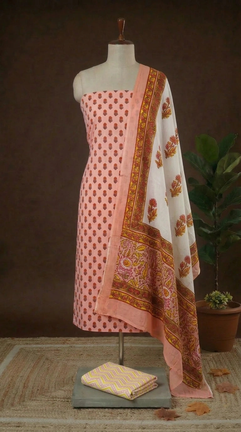 Peach with orange cotton dress material