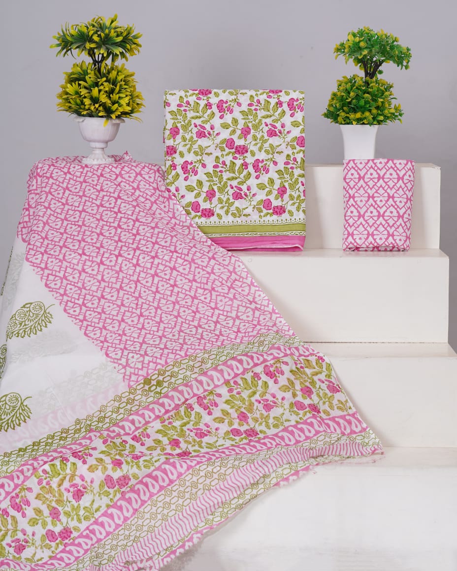  White with Pink and Green flower printed cotton dress material